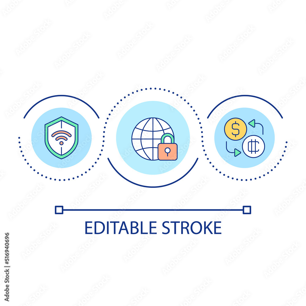 Internet connection security loop concept icon. Safe crypto trading. Blockchain network abstract idea thin line illustration. Isolated outline drawing. Editable stroke. Arial font used Internet connection security loop concept icon. Safe crypto trading. Blockchain network abstract idea thin line illustration. Isolated outline drawing. Editable stroke. Arial font used