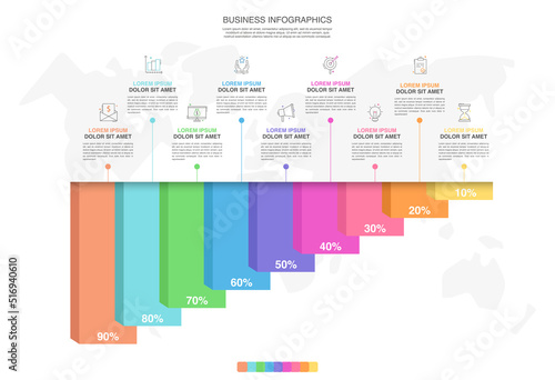 Vector creative infographic of columns bar chart with nine options. Modern comparison business table isolated on transparent background. Design timeline with data slide template