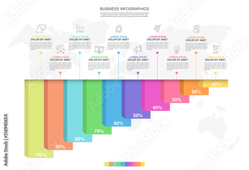 Vector creative infographic of columns bar chart with 10 options. Modern comparison business table isolated on transparent background. Design timeline with data slide template