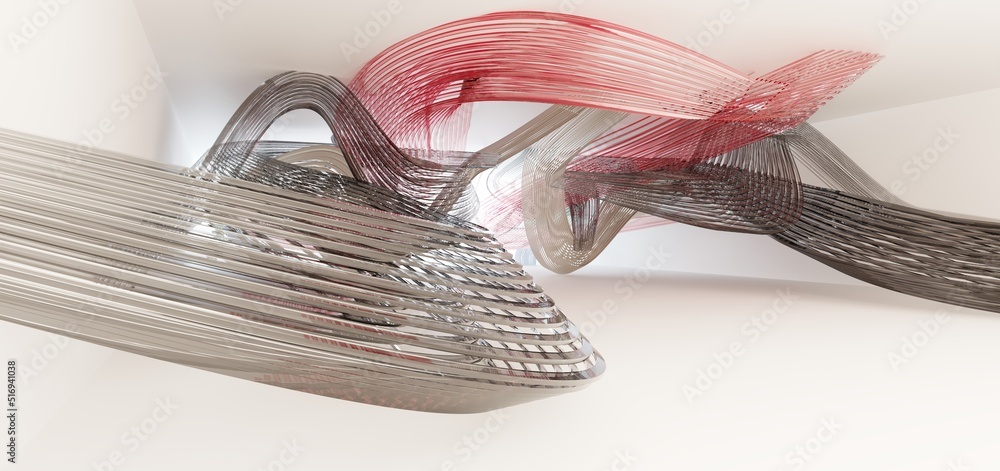 Luxury parametric abstract architectural minimalistic background. Contemporary showroom. Modern colored glass exhibition tunnel. Empty gallery. Backlight. 3D illustration and rendering.