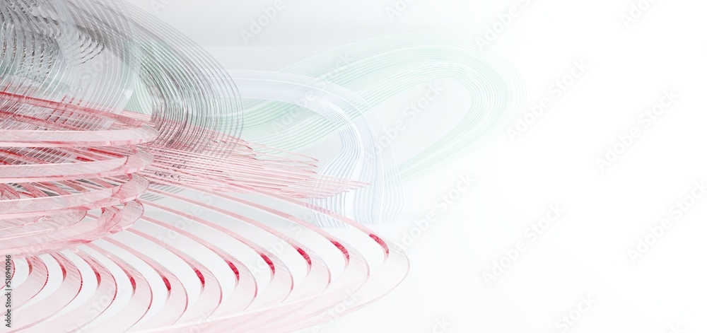 Luxury parametric abstract architectural minimalistic background. Contemporary showroom. Modern colored glass exhibition tunnel. Empty gallery. Backlight. 3D illustration and rendering.