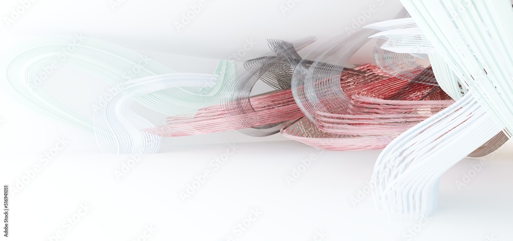 Luxury parametric abstract architectural minimalistic background. Contemporary showroom. Modern colored glass exhibition tunnel. Empty gallery. Backlight. 3D illustration and rendering.