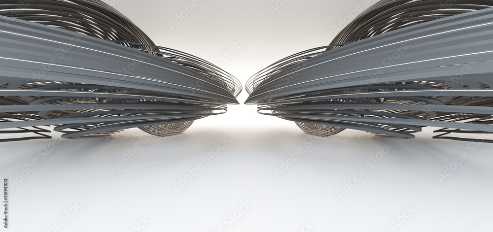 Luxury parametric abstract architectural minimalistic background. Contemporary showroom. Modern black exhibition tunnel. Empty gallery. Stand, table. Interior backlight. 3D illustration and rendering.