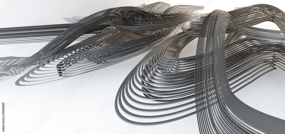 Luxury parametric abstract architectural minimalistic background. Contemporary showroom. Modern black exhibition tunnel. Empty gallery. Stand, table. Interior backlight. 3D illustration and rendering.