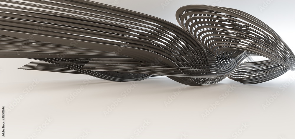 Luxury parametric abstract architectural minimalistic background. Contemporary showroom. Modern black exhibition tunnel. Empty gallery. Stand, table. Interior backlight. 3D illustration and rendering.