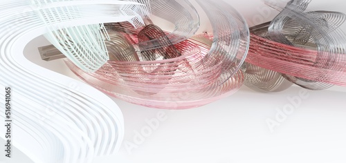 Luxury parametric abstract architectural minimalistic background. Contemporary showroom. Modern colored glass exhibition tunnel. Empty gallery. Backlight. 3D illustration and rendering.