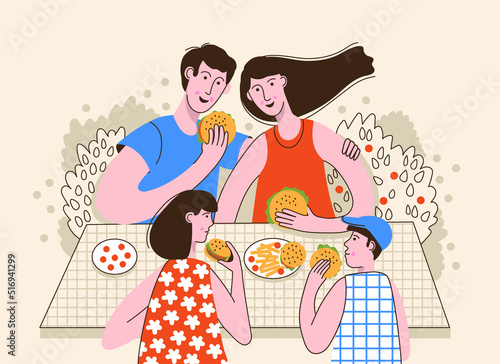 Happy family picnic, week-end. Dad, mom, son and daughter spending time together, resting in nature. Summer vacation