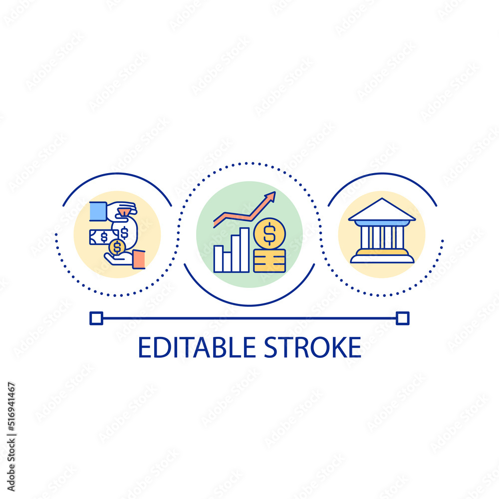 Central bank financial policy loop concept icon. Loans and mortgages. Financial growth abstract idea thin line illustration. Isolated outline drawing. Editable stroke. Arial font used
