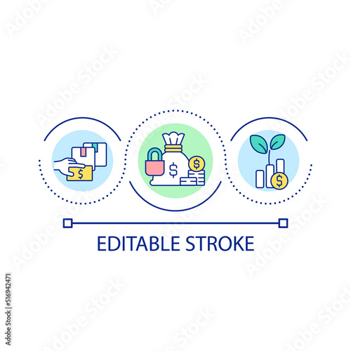 Investment and funding loop concept icon. Strategic hedges. Financial growth and development abstract idea thin line illustration. Isolated outline drawing. Editable stroke. Arial font used