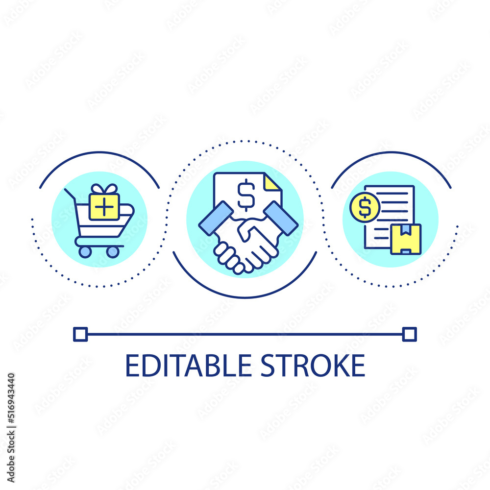 Purchasing contract loop concept icon. Incentives in procurement abstract idea thin line illustration. Financial agreement. Acquisition. Isolated outline drawing. Editable stroke. Arial font used