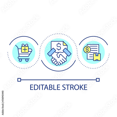 Purchasing contract loop concept icon. Incentives in procurement abstract idea thin line illustration. Financial agreement. Acquisition. Isolated outline drawing. Editable stroke. Arial font used