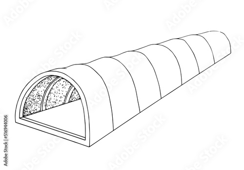 Tunnel technical drawing. Tent assembly instruction vector illustration.