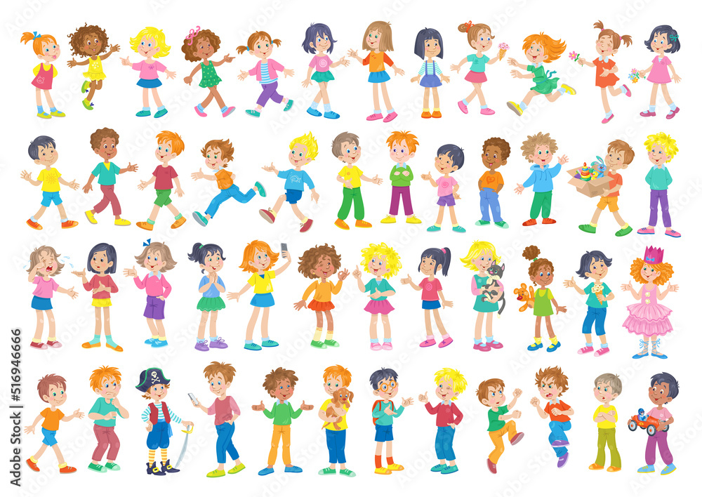 Big set of multicultural boys and girls with different skin and hair colors, in different poses, emotions and relationships. In cartoon style. Isolated on white background. Vector illustration.
