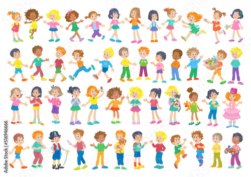 Big set of multicultural boys and girls with different skin and hair colors, in different poses, emotions and relationships. In cartoon style. Isolated on white background. Vector illustration.