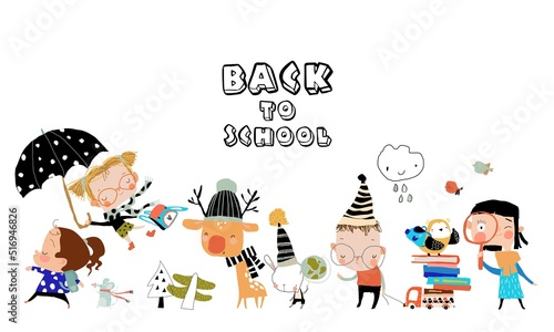 Happy Cartoon Children and Animals back to School