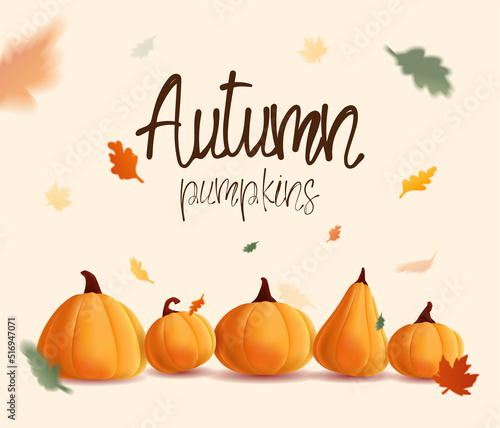 Banner autumn with illustration of realistic pumpkins and flying leaves.