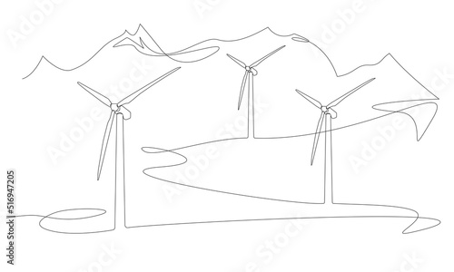 continuous single line drawing of wind turbines in mountain landscape, renewable energy line art vector illustration