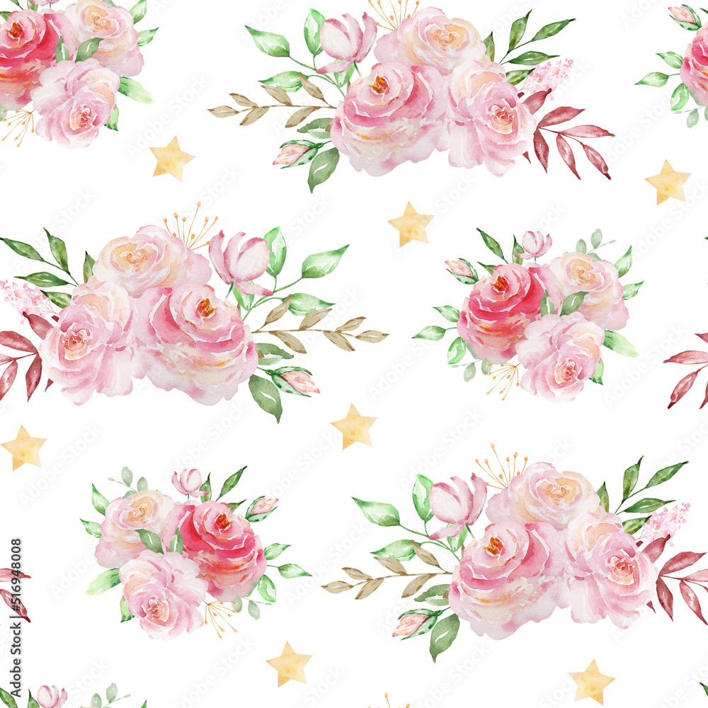 Seamless pattern of watercolor bouquets with roses and leaves