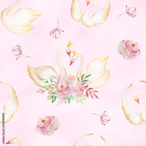 Seamless pattern of watercolor swans and bouquets of roses