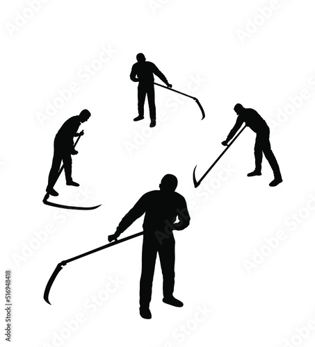 Farmer crew using scythe to cut grass vector silhouette illustration isolated on white background. Rural gardener landscaper. Country man with scythe land work outdoor. Villager mowing wheat, clover.