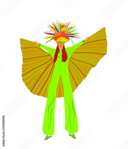 Carnival dancer on stilts vector illustration isolated on white background. Brasil Rio De Janeiro street artist carnival entertainment. Attractive lady costume. Woman Birthday party animator for kids.
