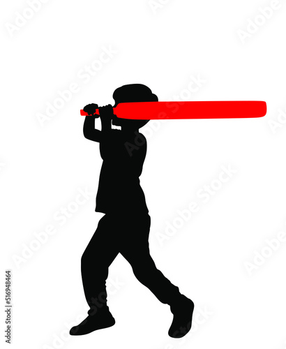Little angry boy with bat in fight vector silhouette illustration isolated on white background. Kid play game with friend, like a knight with sword in battle. Rubber stick game on children playground.
