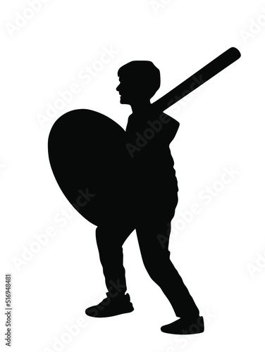Little angry boy with bat in fight vector silhouette illustration isolated on white background. Kid play game with friend, like a knight with sword in battle. Rubber stick game on children playground.