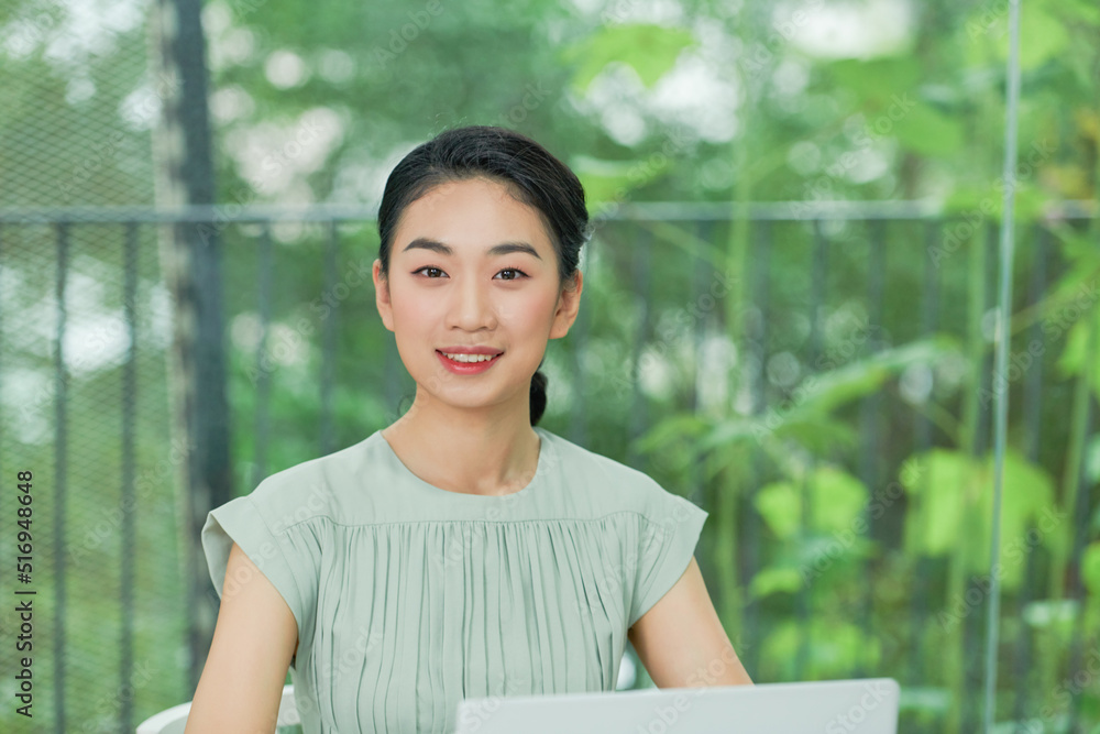 bright picture of happy woman with laptop computer bright picture of happy woman with laptop computer
