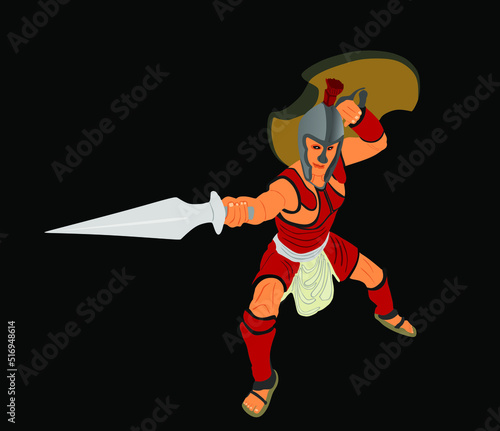 Greek hero ancient soldier Achilles with sword and shield in battle vector silhouette illustration isolated on black background. Roman legionary, brave warrior in combat. Gladiator symbol shadow.