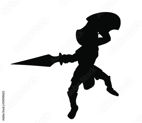 Greek hero ancient soldier Achilles with sword and shield in battle vector silhouette illustration isolated on white background. Roman legionary, brave warrior in combat. Gladiator symbol shadow.