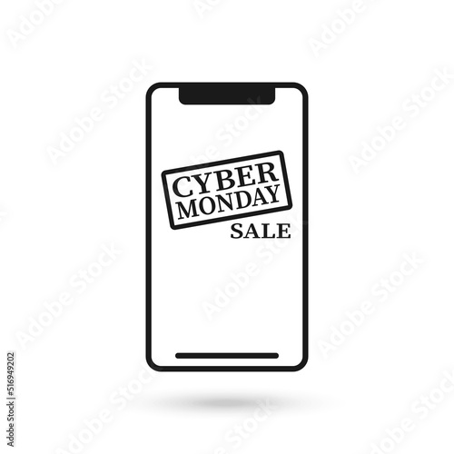 Mobile phone flat design with cyber monday sale icon.