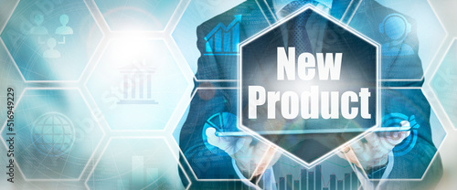 A New Product business word concept on a futuristic blue display.