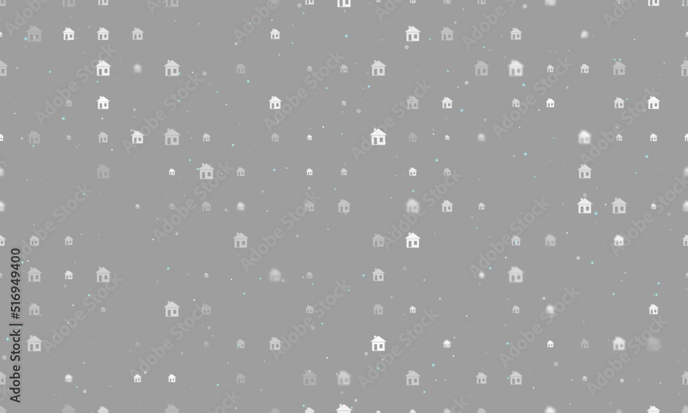 Seamless background pattern of evenly spaced white house symbols of different sizes and opacity. Vector illustration on grey background with stars