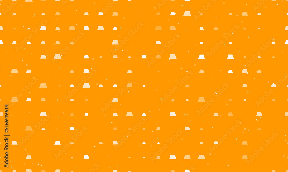 Seamless background pattern of evenly spaced white trapezoid symbols of different sizes and opacity. Vector illustration on orange background with stars