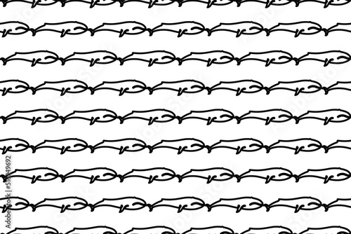 Seamless pattern completely filled with outlines of whale symbols. Elements are evenly spaced. Vector illustration on white background