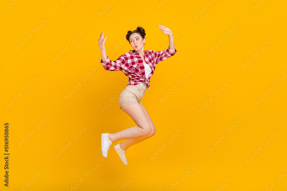 Full size photo of overjoyed satisfied person jumping pouted lips