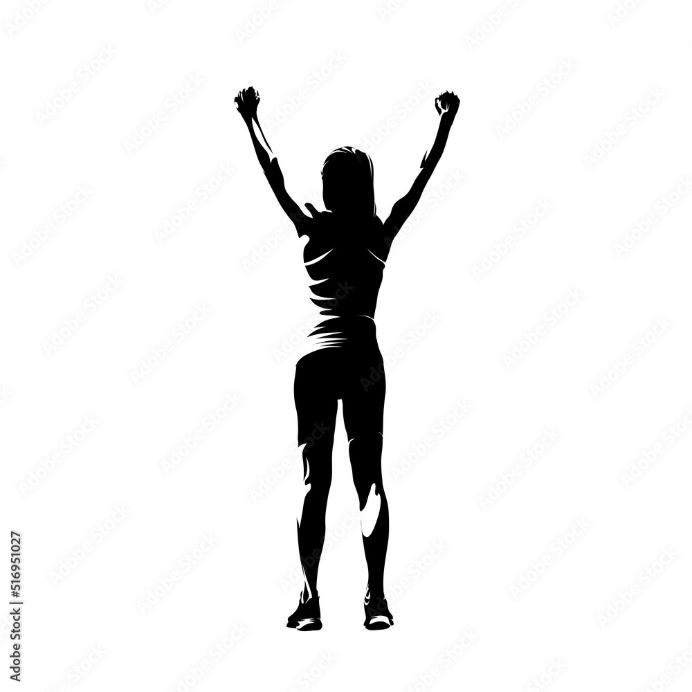 Woman celebrates with her hands raised. Abstract isolated vector silhouette. Rear view. Successful woman