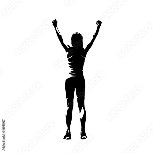 Woman celebrates with her hands raised. Abstract isolated vector silhouette. Rear view. Successful woman