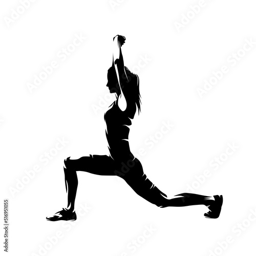 Woman exercises and stretches, abstract isolated vector silhouette. Active woman