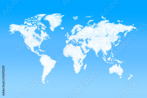 White clouds of world map on the blue gradient background.