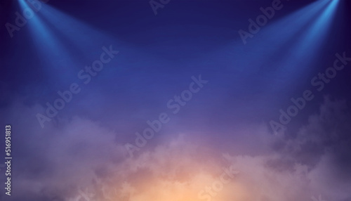 Empty scene with blue stage spotlights, warm centered colored light and smoke. Concert lighting and mist, night show background.