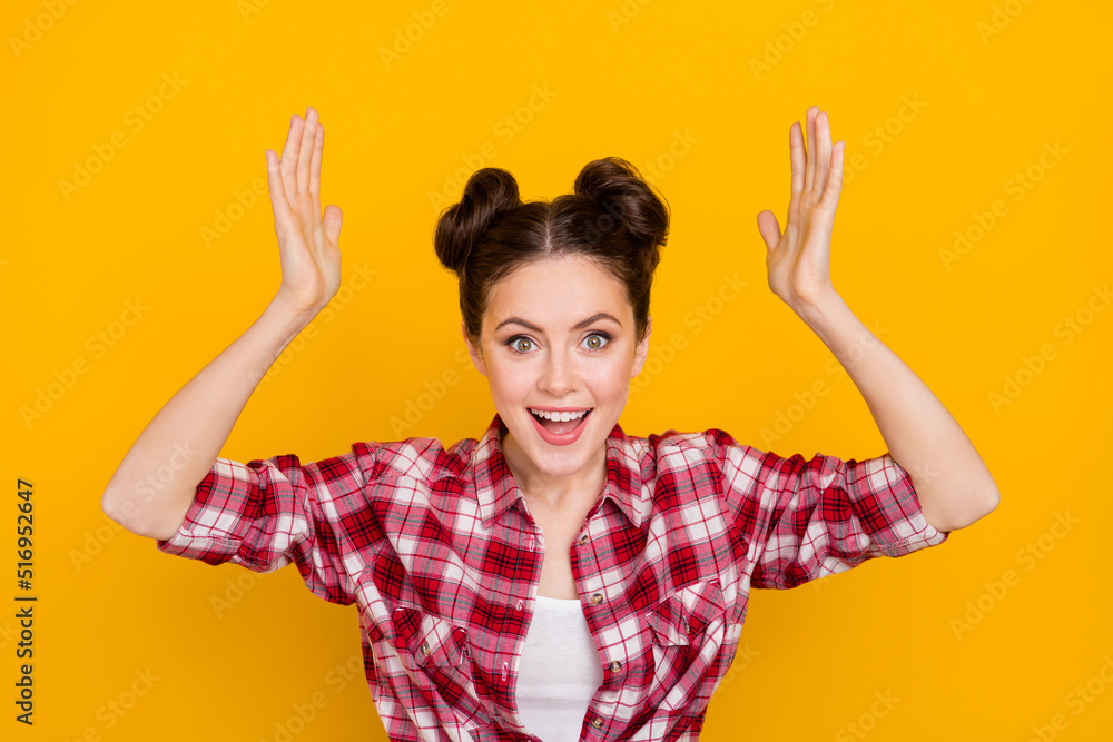 Portrait of impressed lady raise open arms cant believe look camera isolated on yellow color background Portrait of impressed lady raise open arms cant believe look camera isolated on yellow color background