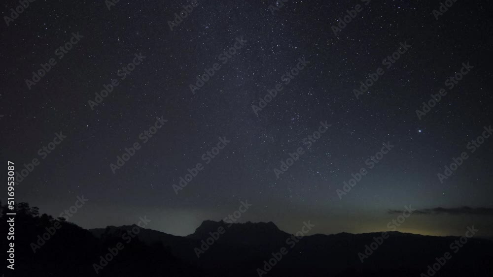 Starry night over mountain time lapse of stars in dark night sky. Starry night over mountain time lapse of stars in dark night sky.