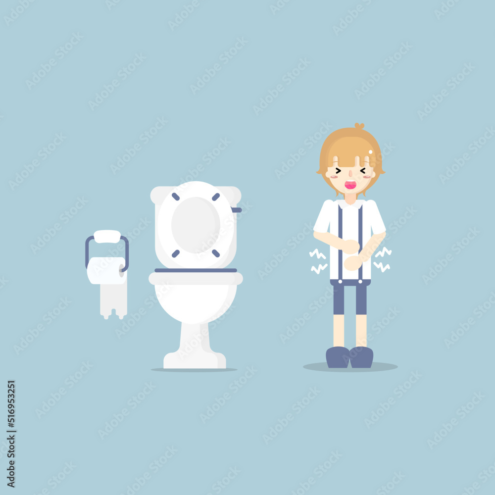boy having stomach ache, needing to urinate, holding his poo, suffering from diarrhea or constipation, health care concept, sanitation concept, flat character design vector illustration boy having stomach ache, needing to urinate, holding his poo, suffering from diarrhea or constipation, health care concept, sanitation concept, flat character design vector illustration