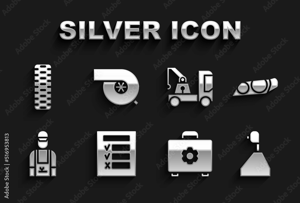 Set Car inspection, headlight, Gear shifter, Toolbox, mechanic, Tow truck, tire wheel and Automotive turbocharger icon. Vector Set Car inspection, headlight, Gear shifter, Toolbox, mechanic, Tow truck, tire wheel and Automotive turbocharger icon. Vector