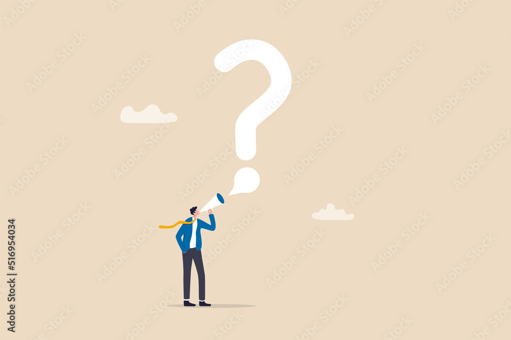 Ask question for answer or solution to solve problem, communicate or request for help in business concept, businessman talking with megaphone asking question with speech bubble big question mark. Ask question for answer or solution to solve problem, communicate or request for help in business concept, businessman talking with megaphone asking question with speech bubble big question mark.