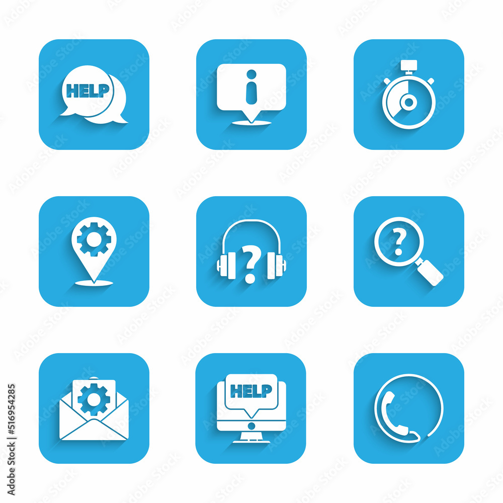 Set Headphones, Computer monitor and help, Telephone 24 hours support, Unknown search, Envelope setting, Location with gear, Stopwatch and Speech bubble text Help icon. Vector Set Headphones, Computer monitor and help, Telephone 24 hours support, Unknown search, Envelope setting, Location with gear, Stopwatch and Speech bubble text Help icon. Vector