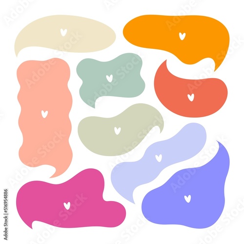 Hand drawn set of colorful speech bubbles isolated on white background in flat style. Different shapes. 