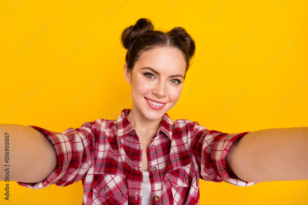 Portrait of positive cheerful nice lady make selfie on weekend isolated over vibrant color background Portrait of positive cheerful nice lady make selfie on weekend isolated over vibrant color background