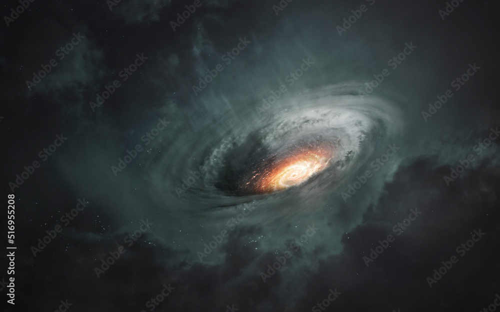 3D illustration of Black hole absorbing light in deep space. 5K realistic science fiction art. Elements of image provided by Nasa